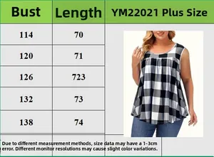Detailed size chart for plus size women's plaid print tank top with bust measurements