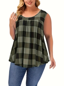 Detail of green and black gingham plus size tank top with pleated crew neck