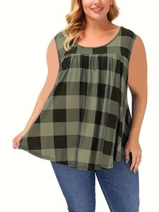 Detail of dark green and black plaid plus size sleeveless tunic with pleated waist