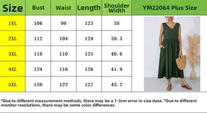 Size chart for V-neck sleeveless plus size dress with detailed measurements for 1XL to 5XL
