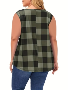 Back view of a plus-size green plaid tank top featuring a loose fit and curved hemline