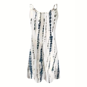 Women's off-shoulder tie-dye summer dress with metal rings and blue vertical patterns