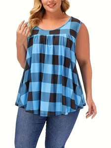 Detail of blue plaid pattern and pleated round neckline on a plus size summer tank top