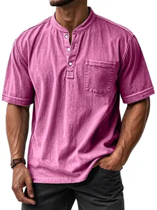 Kurzärmeliges Henley-Polohemd für Herren in verwaschenem Rosa mit Brusttasche