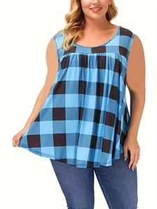 Detail of plus size summer tank top featuring blue and black buffalo plaid with pleated neck