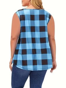 Detailed back view of a plus size sleeveless top with blue and black plaid pattern
