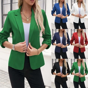 Women's 3/4 ruched sleeve blazer in green and various colors for business casual style