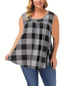 Detailed view of the round neckline and pleat detail on a plaid plus size tank top