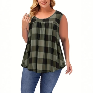 Plus size green plaid sleeveless blouse with crew neck and pleated A-line hem style