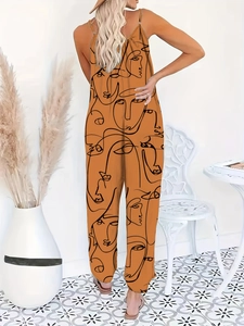 Detail eines orangen Jumpsuits mit schwarzen minimalistischen abstrakten Gesichtslinien
