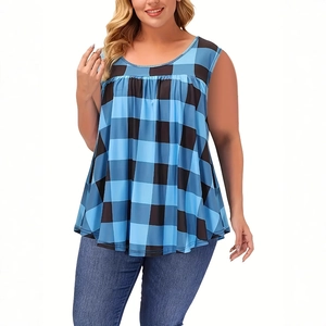 Women's plus size blue and black plaid sleeveless tunic top with a loose round neck
