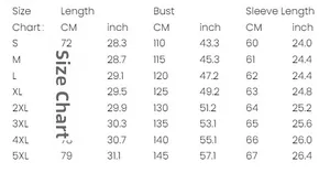 Detailed size chart for women coat showing length, bust, and sleeve in CM and inches
