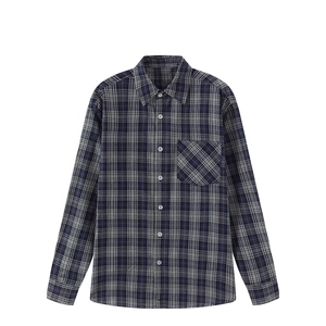 Klassisches Herren Vintage Karohemd Langarm Flanellhemd mit Brusttasche in Navy und Grau
