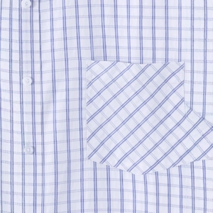 Men's fashion blue and white plaid short sleeve shirt with button-down collar and chest pocket