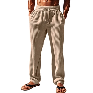 Pantalones casuales beige para hombre con rayas verticales y cintura con cordón