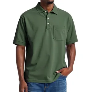 Polo homme à manches courtes vert foncé en coton avec poche poitrine et col classique