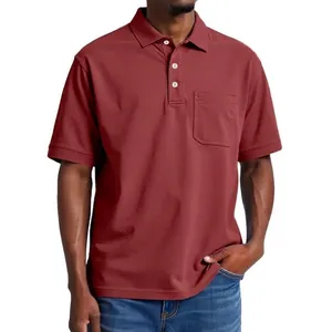 Polo homme rouge brique en coton à manches courtes avec poche poitrine et boutons