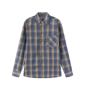 Camicia vintage da uomo a quadri con motivo classico blu e marrone a maniche lunghe