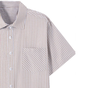 Men's summer business casual short sleeve shirt with blue brown stripes and chest pocket