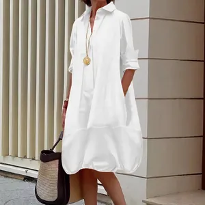 Women Loose Shirt Dress Cotton Blend Long Sleeve Turn Down Collar Button Up Midi Casual Vacation Lantern Hem Dress