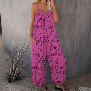 Damen Plus Size Jumpsuit Abstraktes Gesichtslinien Druck V Ausschnitt Ärmellos Weites Bein Träger Sommer Lässig Jumpsuit