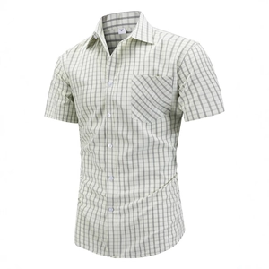 Men's plaid short sleeve shirt in light green with black check pattern and chest pocket