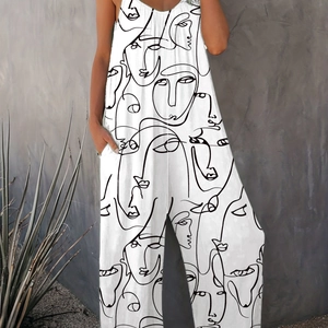 Damen Sommer Jumpsuit mit V-Ausschnitt, schwarzem Gesichts-Print und Seitentaschen