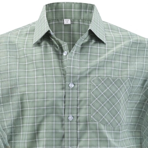 Detail of green plaid shirt showing collar, chest pocket and clear buttons close-up