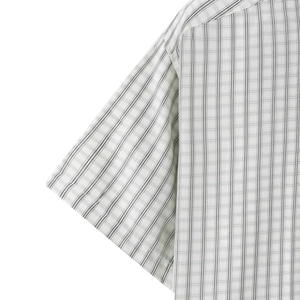 Men's summer plaid short-sleeve shirt in white and grey with a classic lapel collar