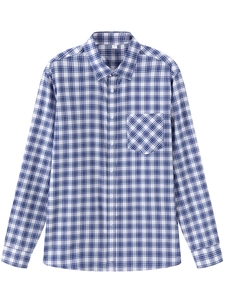 Macro detail of men's blue plaid cotton shirt showing button-down collar and chest pocket