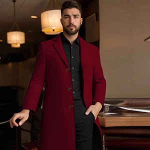 Men Slim Fit Longline Woolen Look Overcoat Single Breasted Notch Lapel Business Casual Winter Trench Coat For Men