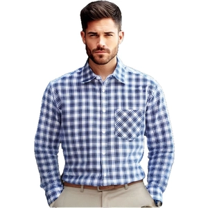 Men's blue and white checkered long sleeve business casual shirt with chest pocket