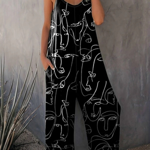 Damen Sommer Jumpsuit in Schwarz mit weitem Bein und abstrakten weißen Gesichtslinien
