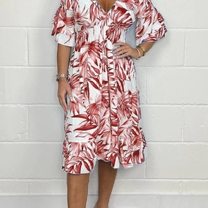 Women summer loose high waist maxi dress with red tropical leaf print and ruffle sleeves