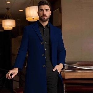 Slim fit navy blue wool coat for men featuring a classic lapel and three-button design