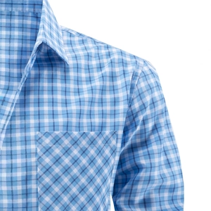 Men's light blue and white checkered plaid business casual shirt with chest pocket