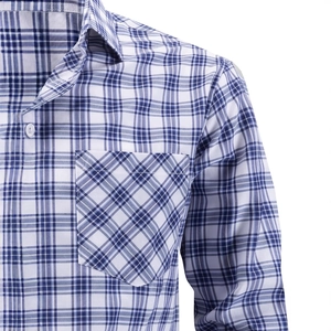 Classic blue and white checkered long sleeve shirt with a front pocket and button collar