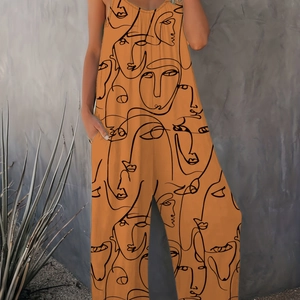 Damen Sommer-Jumpsuit in Orange mit abstraktem Gesichtsprint und weitem Bein