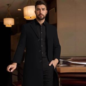 Slim fit men's black wool coat with notch lapels and a classic three-button closure