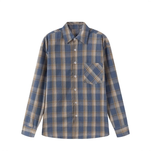 Camicia a quadri vintage da uomo a maniche lunghe con taschino blu navy e kaki