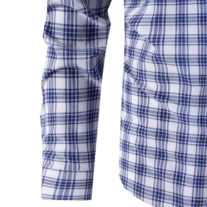 Men's blue and white checkered long sleeve business shirt with buttoned cuff detail