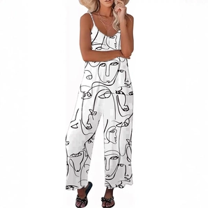Damen Jumpsuit mit V-Ausschnitt und abstraktem Gesichtsdruck für den Sommerurlaub