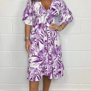 Women's summer V-neck dress with purple tropical leaf print and elastic high waist
