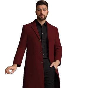 Slim fit men's burgundy mid-length wool coat with notched lapels and three-button closure