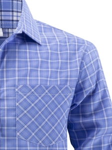 Detail of blue and white checkered shirt showing collar and diagonal pocket pattern