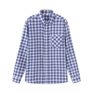 Men Long Sleeve Plaid Shirt Regular Fit Turn Down Collar Button Down Navy White Checkered Polyester Rayon Blend Casual Office Shirt