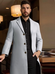 Elegant slim fit light grey long coat with classic three-button closure for men