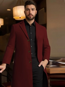Elegant men's slim fit wool blend overcoat in deep burgundy with a stylish stand collar