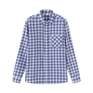 Classic blue and white plaid long sleeve business casual shirt for men with chest pocket