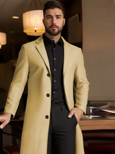 Men's elegant slim-fit long overcoat in light khaki with classic notched lapels and buttons